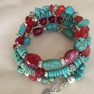 Turquoise and glass bead memory bracelet